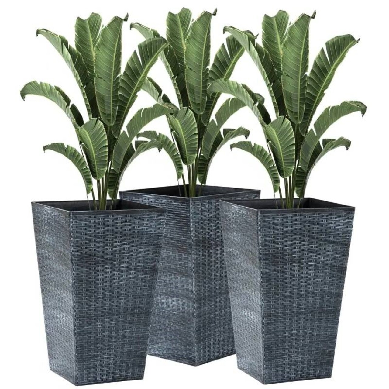 Set of 3 Tall Faux Rattan Flower Pots Stackable Indoor Outdoor Planters with Drainage Hole